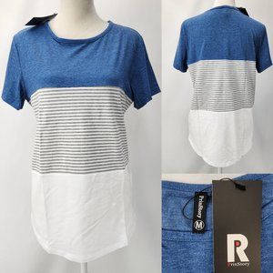 PrinStory Women Medium Crew Neck Blue White Stripes Colorblock Tunic T-shirt Top